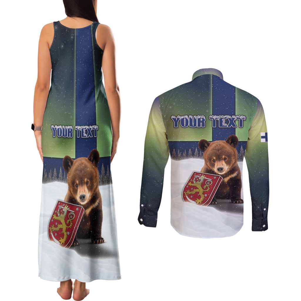 Personalized Finland Couples Matching Tank Maxi Dress and Long Sleeve Button Shirt Brown Bear With Symbol Under The Aurora Sky - Wonder Print Shop
