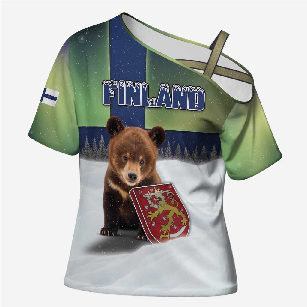 Personalized Finland Cross Shoulder Shirt Brown Bear With Symbol Under The Aurora Sky - Wonder Print Shop