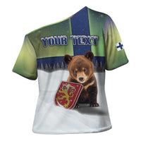 Personalized Finland Cross Shoulder Shirt Brown Bear With Symbol Under The Aurora Sky - Wonder Print Shop