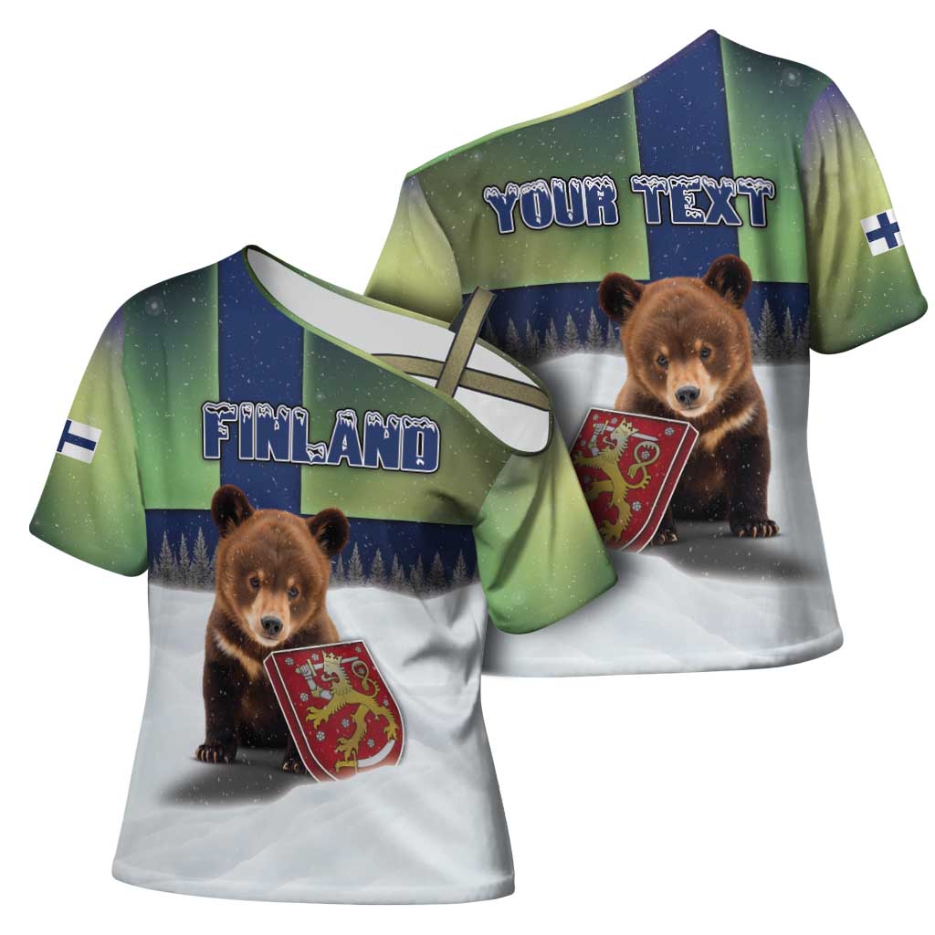Personalized Finland Cross Shoulder Shirt Brown Bear With Symbol Under The Aurora Sky - Wonder Print Shop