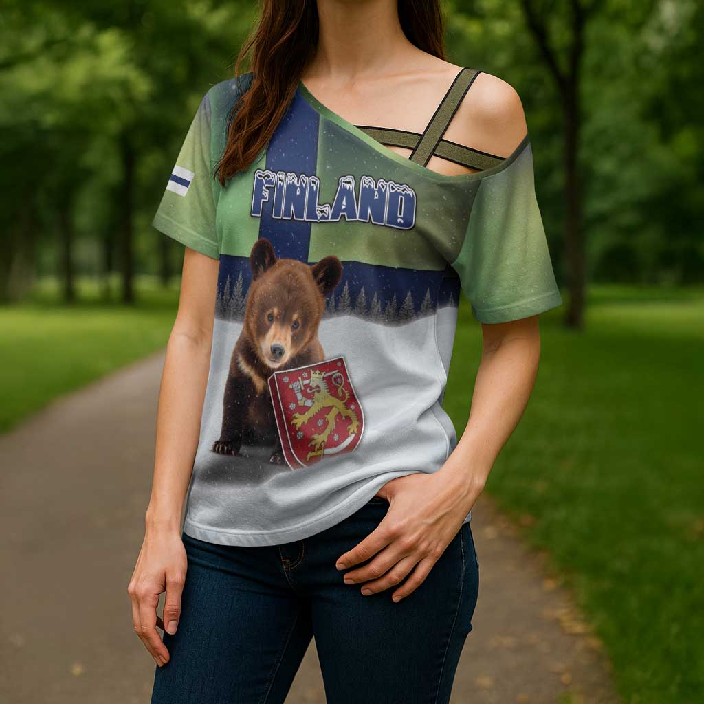 Personalized Finland Cross Shoulder Shirt Brown Bear With Symbol Under The Aurora Sky - Wonder Print Shop