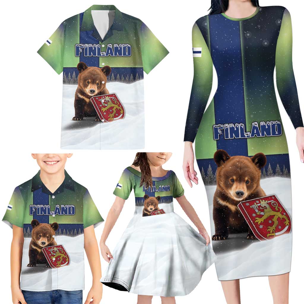 Personalized Finland Family Matching Long Sleeve Bodycon Dress and Hawaiian Shirt Brown Bear With Symbol Under The Aurora Sky - Wonder Print Shop