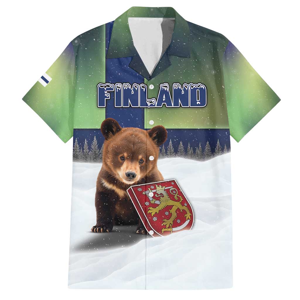 Personalized Finland Family Matching Long Sleeve Bodycon Dress and Hawaiian Shirt Brown Bear With Symbol Under The Aurora Sky - Wonder Print Shop