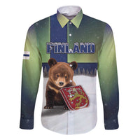 Personalized Finland Family Matching Long Sleeve Bodycon Dress and Hawaiian Shirt Brown Bear With Symbol Under The Aurora Sky - Wonder Print Shop