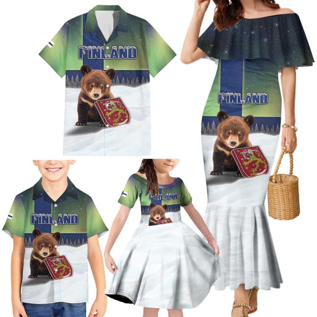 Personalized Finland Family Matching Mermaid Dress and Hawaiian Shirt Brown Bear With Symbol Under The Aurora Sky - Wonder Print Shop