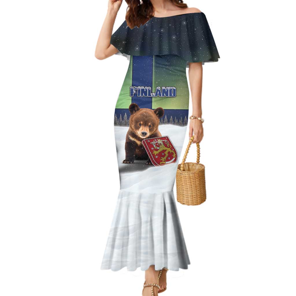 Personalized Finland Family Matching Mermaid Dress and Hawaiian Shirt Brown Bear With Symbol Under The Aurora Sky - Wonder Print Shop