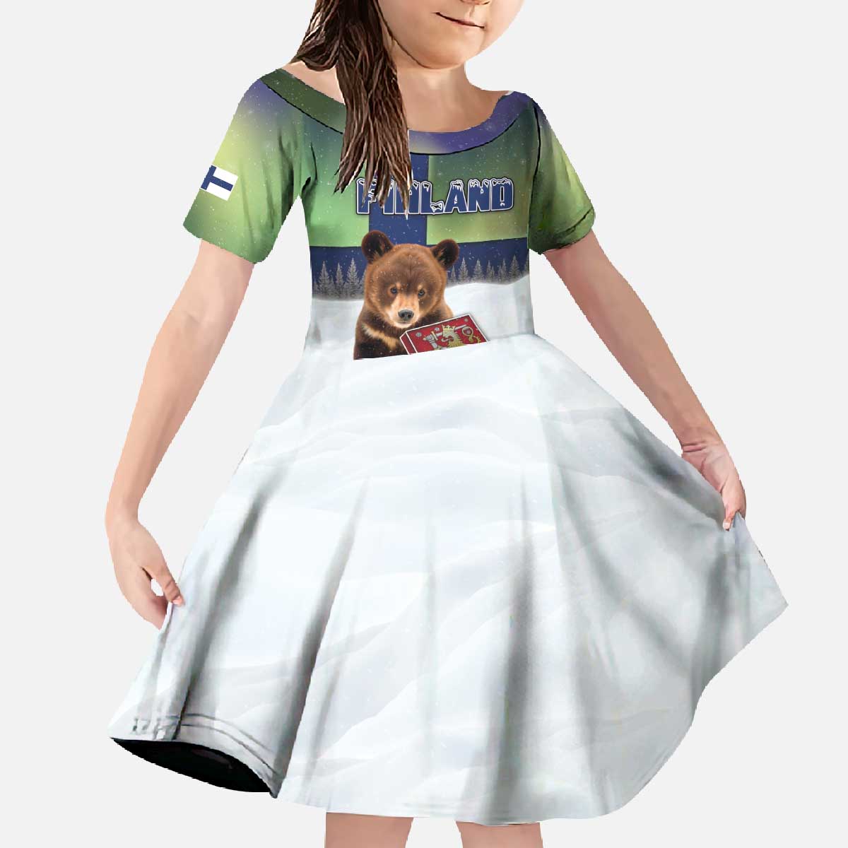 Personalized Finland Family Matching Off The Shoulder Long Sleeve Dress and Hawaiian Shirt Brown Bear With Symbol Under The Aurora Sky - Wonder Print Shop