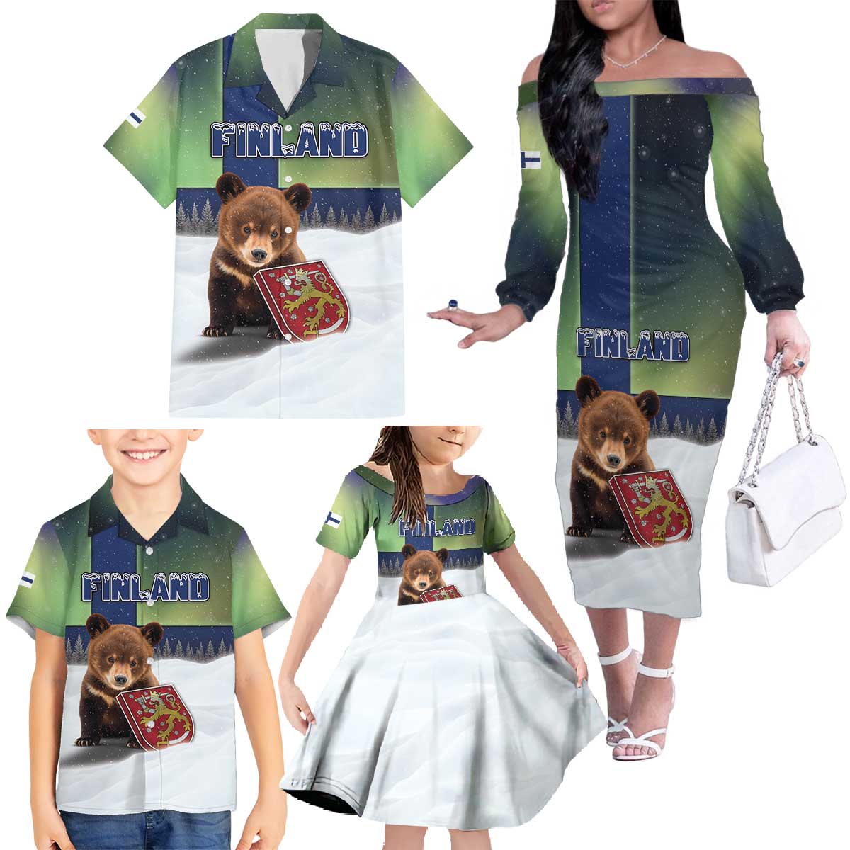 Personalized Finland Family Matching Off The Shoulder Long Sleeve Dress and Hawaiian Shirt Brown Bear With Symbol Under The Aurora Sky - Wonder Print Shop