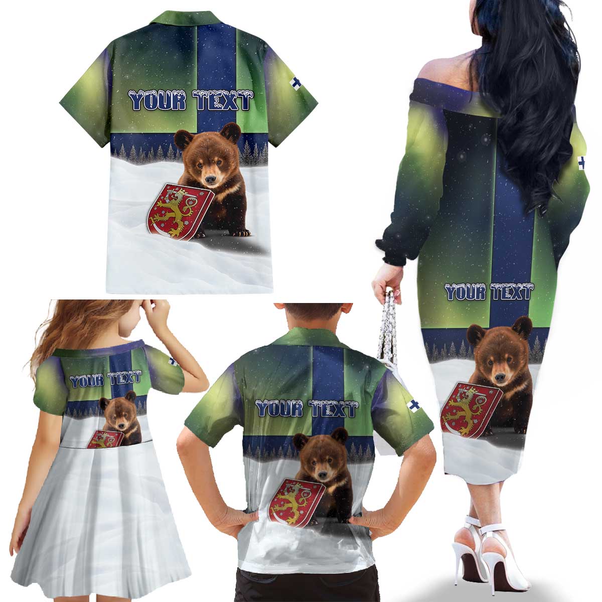 Personalized Finland Family Matching Off The Shoulder Long Sleeve Dress and Hawaiian Shirt Brown Bear With Symbol Under The Aurora Sky - Wonder Print Shop