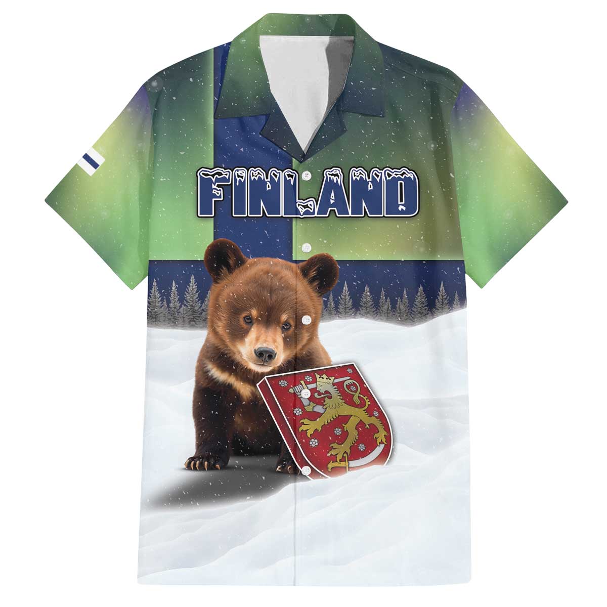 Personalized Finland Family Matching Off The Shoulder Long Sleeve Dress and Hawaiian Shirt Brown Bear With Symbol Under The Aurora Sky - Wonder Print Shop