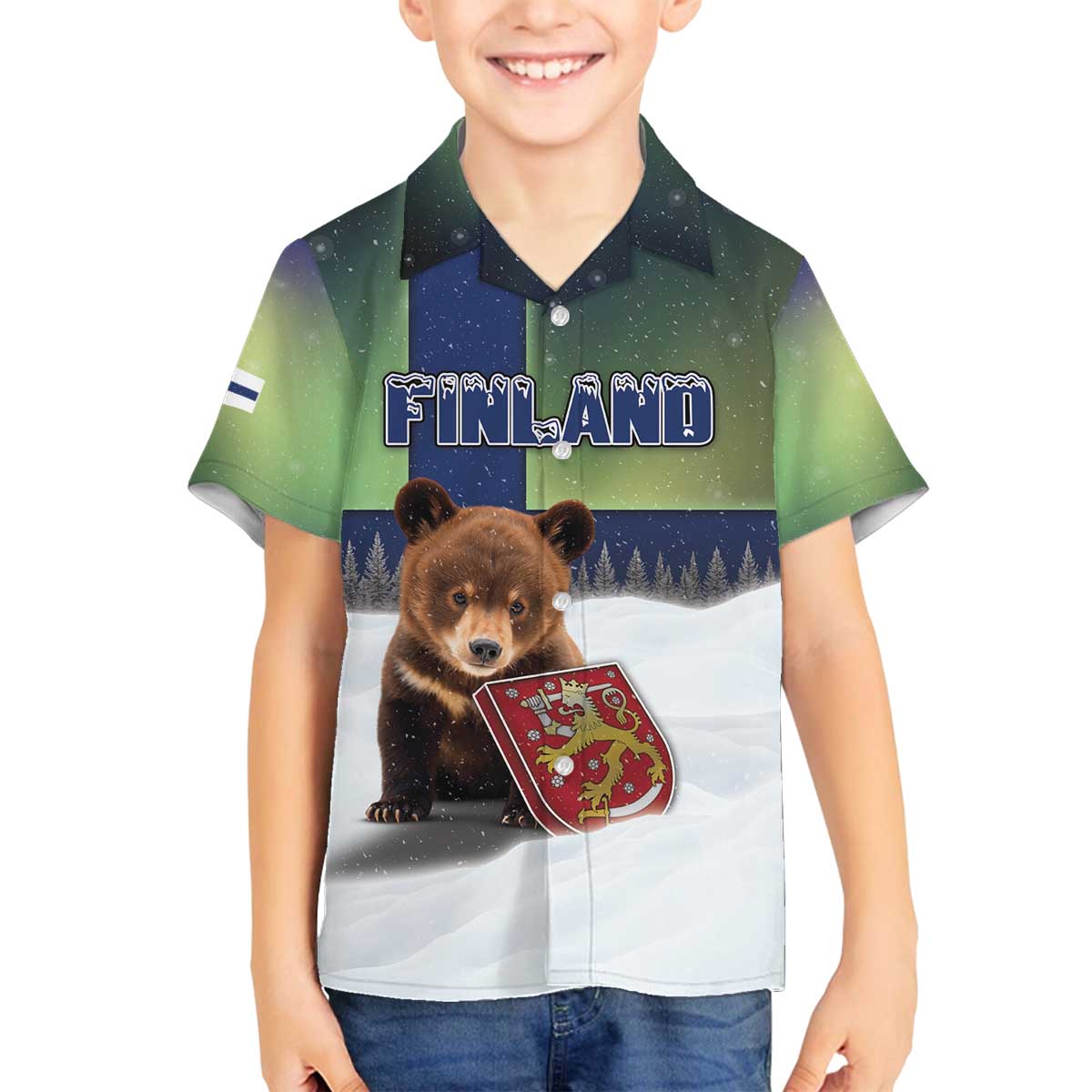 Personalized Finland Family Matching Off The Shoulder Long Sleeve Dress and Hawaiian Shirt Brown Bear With Symbol Under The Aurora Sky - Wonder Print Shop