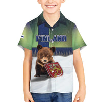 Personalized Finland Family Matching Off The Shoulder Long Sleeve Dress and Hawaiian Shirt Brown Bear With Symbol Under The Aurora Sky - Wonder Print Shop