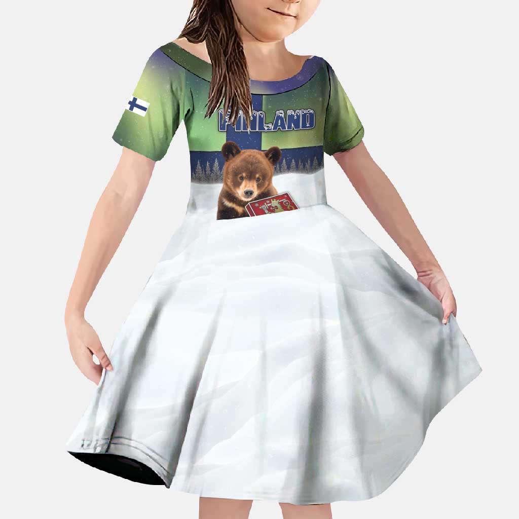 Personalized Finland Family Matching Off Shoulder Maxi Dress and Hawaiian Shirt Brown Bear With Symbol Under The Aurora Sky - Wonder Print Shop