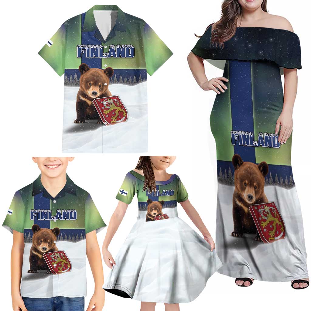 Personalized Finland Family Matching Off Shoulder Maxi Dress and Hawaiian Shirt Brown Bear With Symbol Under The Aurora Sky - Wonder Print Shop