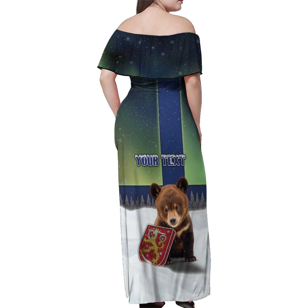 Personalized Finland Family Matching Off Shoulder Maxi Dress and Hawaiian Shirt Brown Bear With Symbol Under The Aurora Sky - Wonder Print Shop