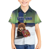 Personalized Finland Family Matching Off Shoulder Maxi Dress and Hawaiian Shirt Brown Bear With Symbol Under The Aurora Sky - Wonder Print Shop