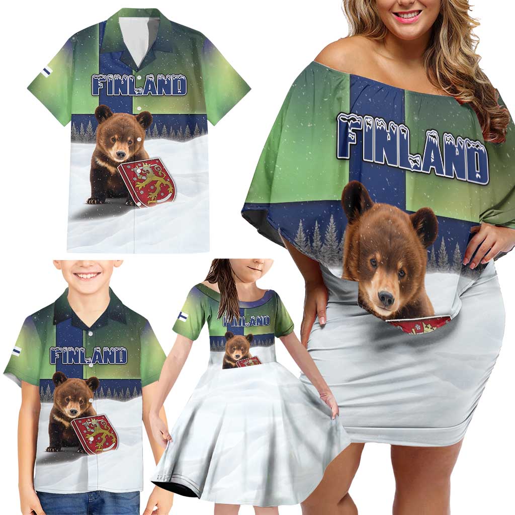 Personalized Finland Family Matching Off Shoulder Short Dress and Hawaiian Shirt Brown Bear With Symbol Under The Aurora Sky - Wonder Print Shop