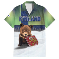 Personalized Finland Family Matching Off Shoulder Short Dress and Hawaiian Shirt Brown Bear With Symbol Under The Aurora Sky - Wonder Print Shop