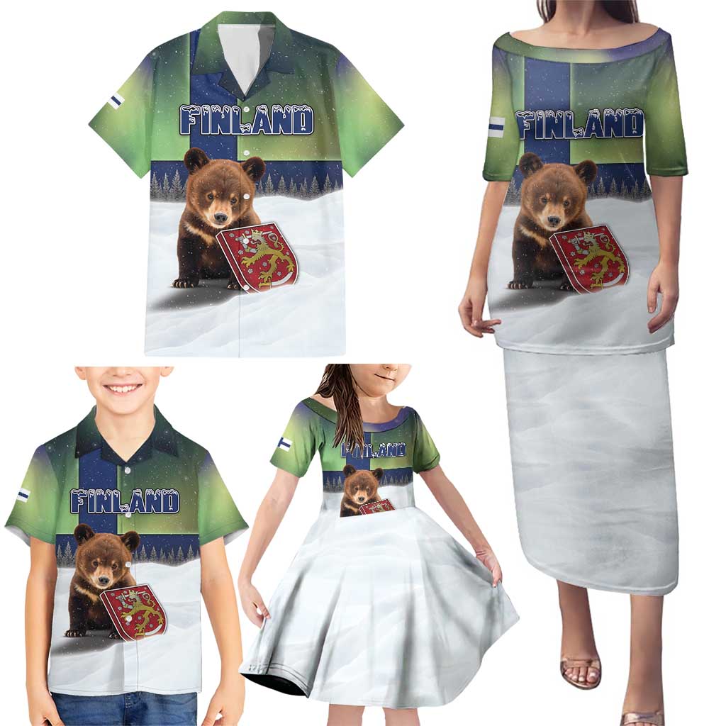 Personalized Finland Family Matching Puletasi and Hawaiian Shirt Brown Bear With Symbol Under The Aurora Sky - Wonder Print Shop