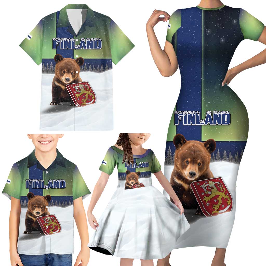 Personalized Finland Family Matching Short Sleeve Bodycon Dress and Hawaiian Shirt Brown Bear With Symbol Under The Aurora Sky - Wonder Print Shop