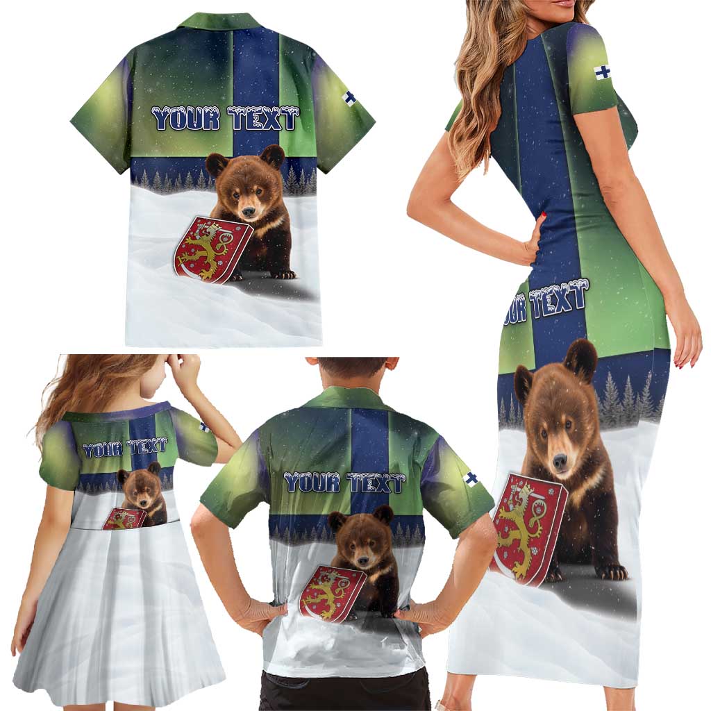 Personalized Finland Family Matching Short Sleeve Bodycon Dress and Hawaiian Shirt Brown Bear With Symbol Under The Aurora Sky - Wonder Print Shop