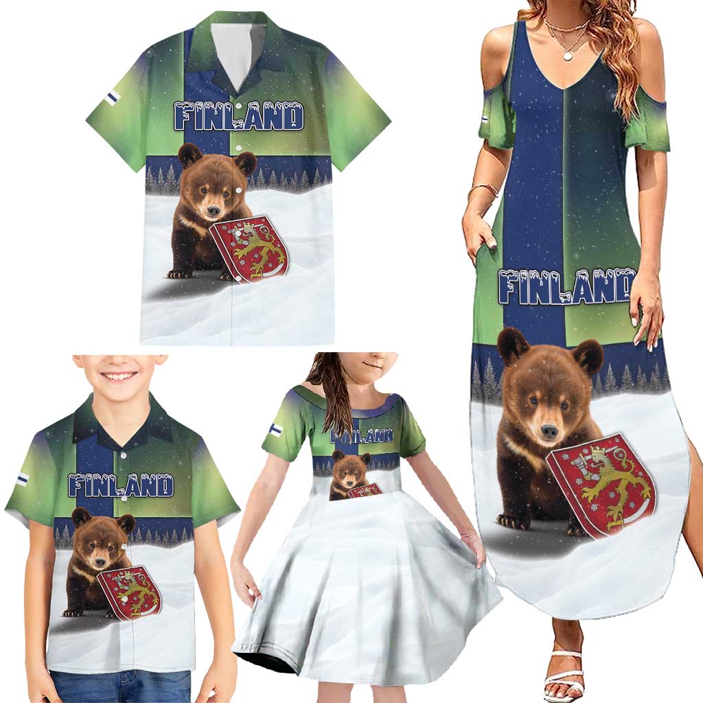 Personalized Finland Family Matching Summer Maxi Dress and Hawaiian Shirt Brown Bear With Symbol Under The Aurora Sky - Wonder Print Shop
