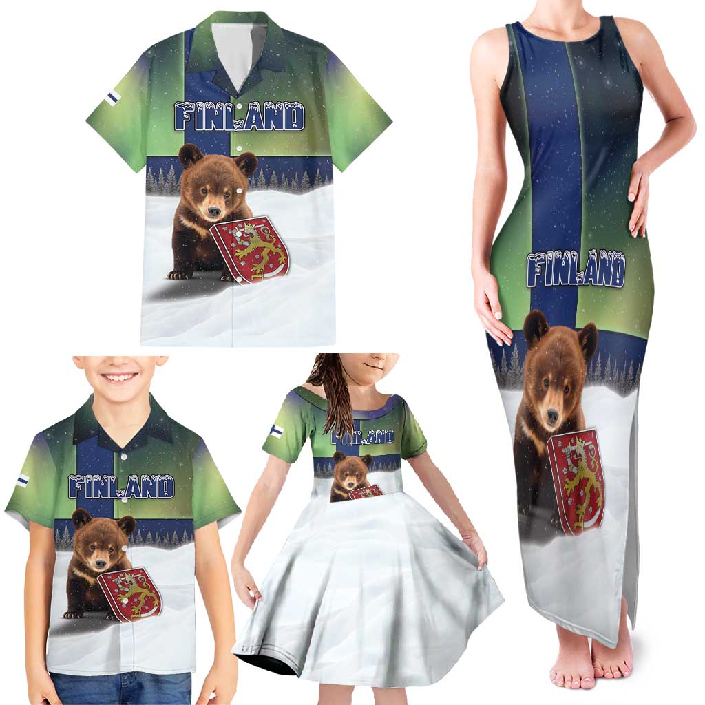 Personalized Finland Family Matching Tank Maxi Dress and Hawaiian Shirt Brown Bear With Symbol Under The Aurora Sky - Wonder Print Shop