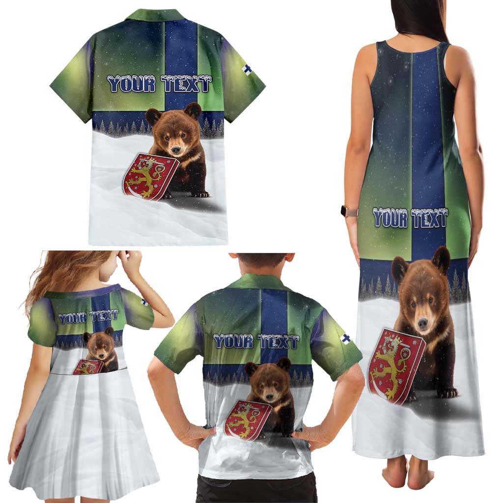 Personalized Finland Family Matching Tank Maxi Dress and Hawaiian Shirt Brown Bear With Symbol Under The Aurora Sky - Wonder Print Shop