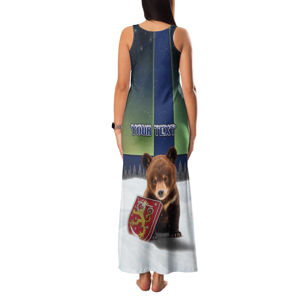 Personalized Finland Family Matching Tank Maxi Dress and Hawaiian Shirt Brown Bear With Symbol Under The Aurora Sky - Wonder Print Shop