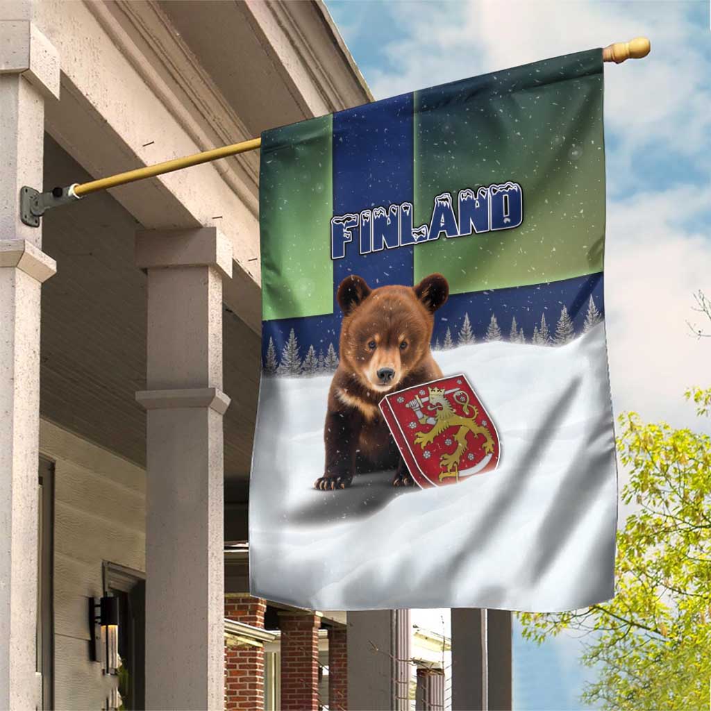 Finland Garden Flag Brown Bear With Symbol Under The Aurora Sky - Wonder Print Shop