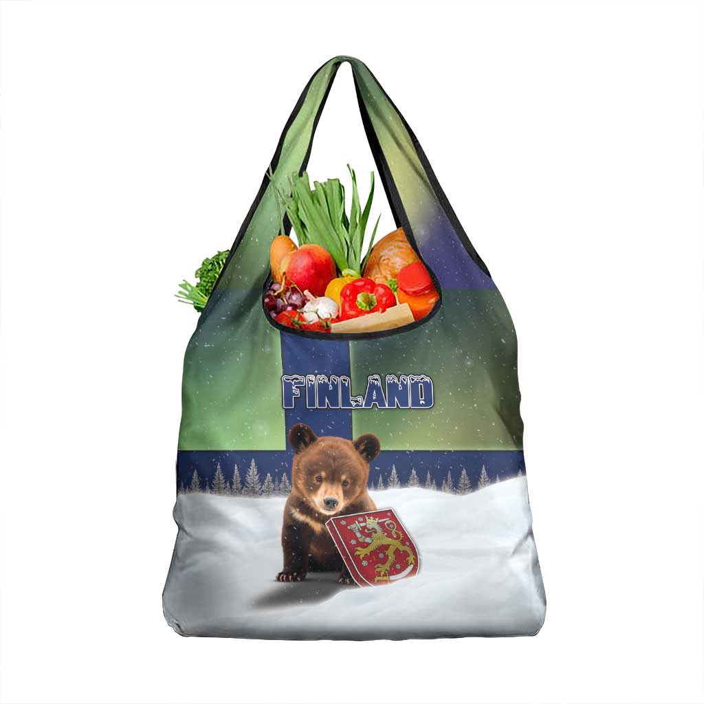 Finland Grocery Bag Brown Bear With Symbol Under The Aurora Sky - Wonder Print Shop