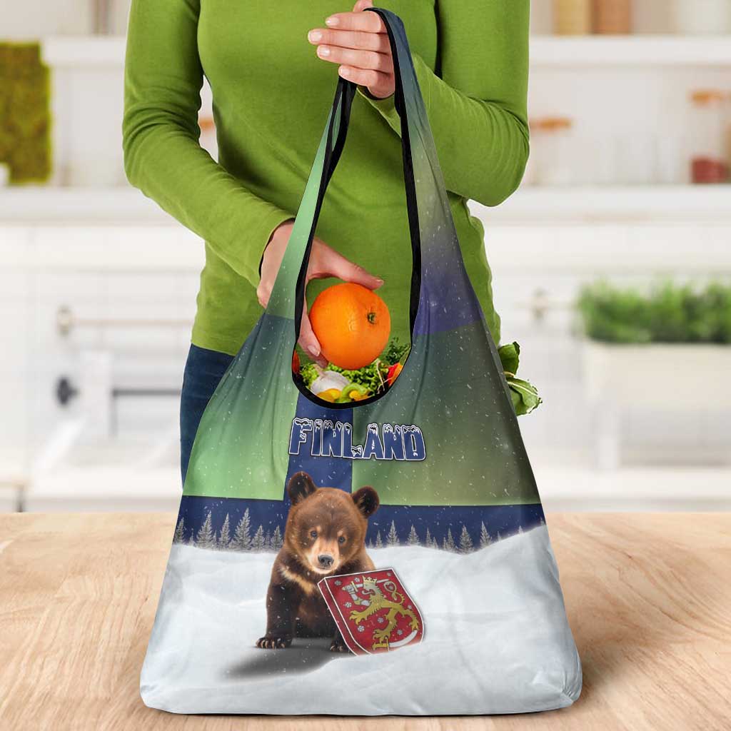 Finland Grocery Bag Brown Bear With Symbol Under The Aurora Sky - Wonder Print Shop