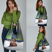 Finland Grocery Bag Brown Bear With Symbol Under The Aurora Sky - Wonder Print Shop