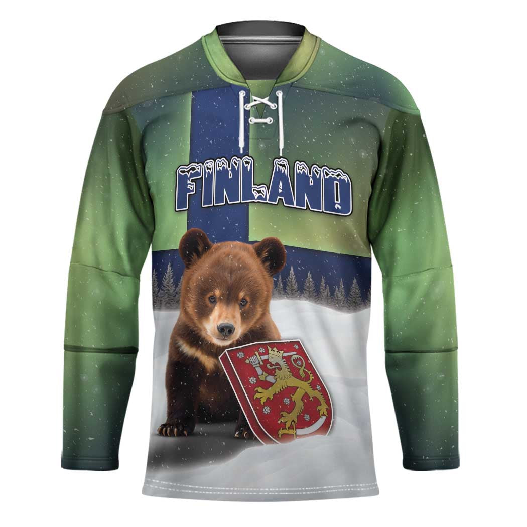 Personalized Finland Hockey Jersey Brown Bear With Symbol Under The Aurora Sky - Wonder Print Shop
