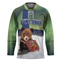 Personalized Finland Hockey Jersey Brown Bear With Symbol Under The Aurora Sky - Wonder Print Shop