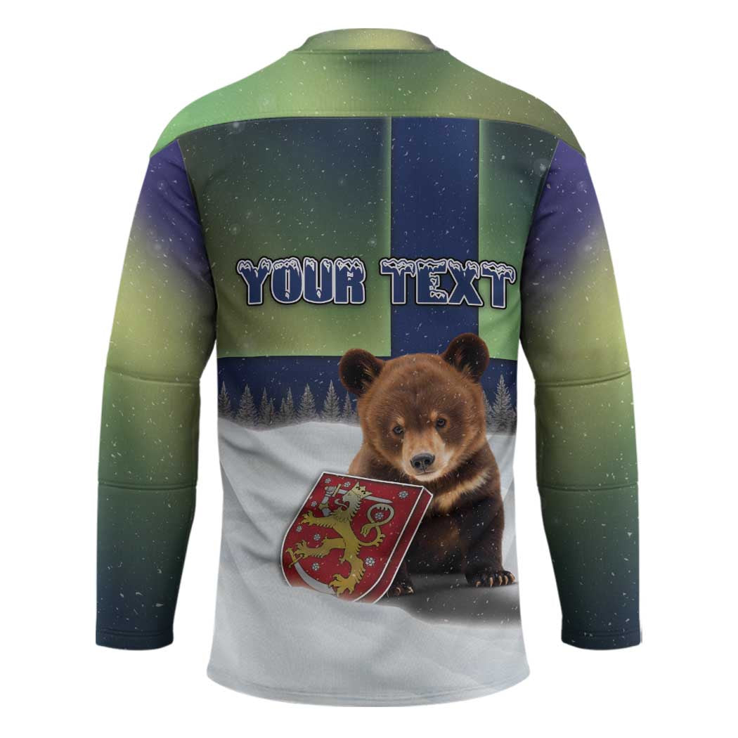 Personalized Finland Hockey Jersey Brown Bear With Symbol Under The Aurora Sky - Wonder Print Shop