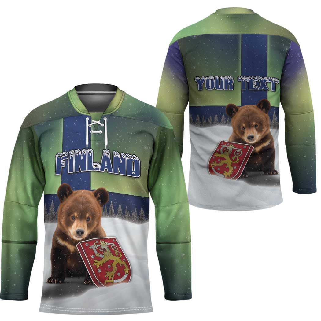Personalized Finland Hockey Jersey Brown Bear With Symbol Under The Aurora Sky - Wonder Print Shop