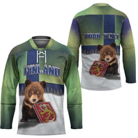 Personalized Finland Hockey Jersey Brown Bear With Symbol Under The Aurora Sky - Wonder Print Shop