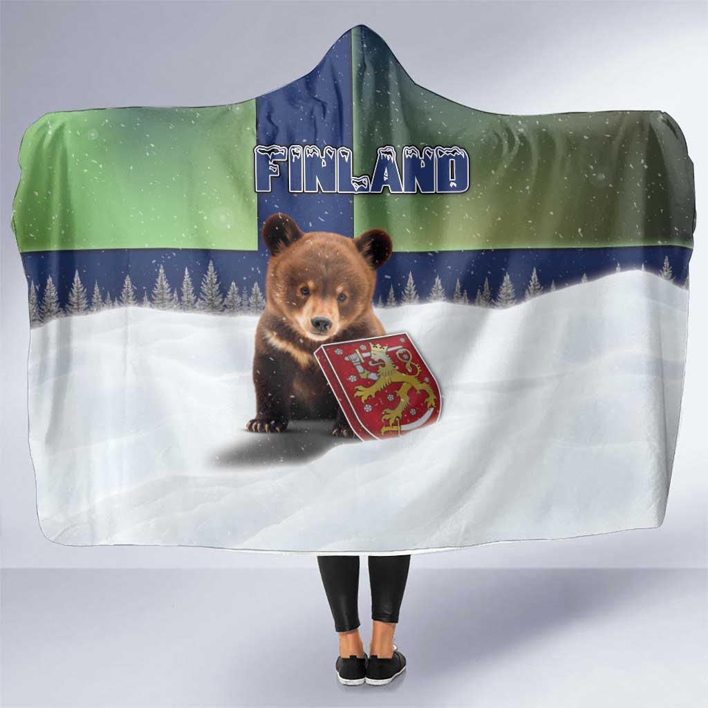 Finland Hooded Blanket Brown Bear With Symbol Under The Aurora Sky - Wonder Print Shop