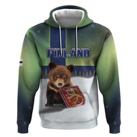 Personalized Finland Hoodie Brown Bear With Symbol Under The Aurora Sky - Wonder Print Shop