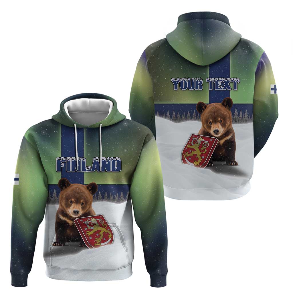 Personalized Finland Hoodie Brown Bear With Symbol Under The Aurora Sky - Wonder Print Shop