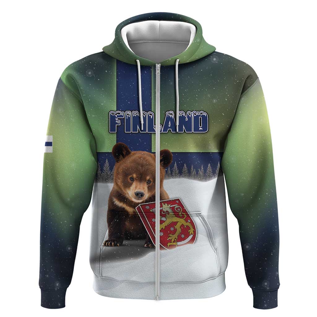 Personalized Finland Hoodie Brown Bear With Symbol Under The Aurora Sky - Wonder Print Shop