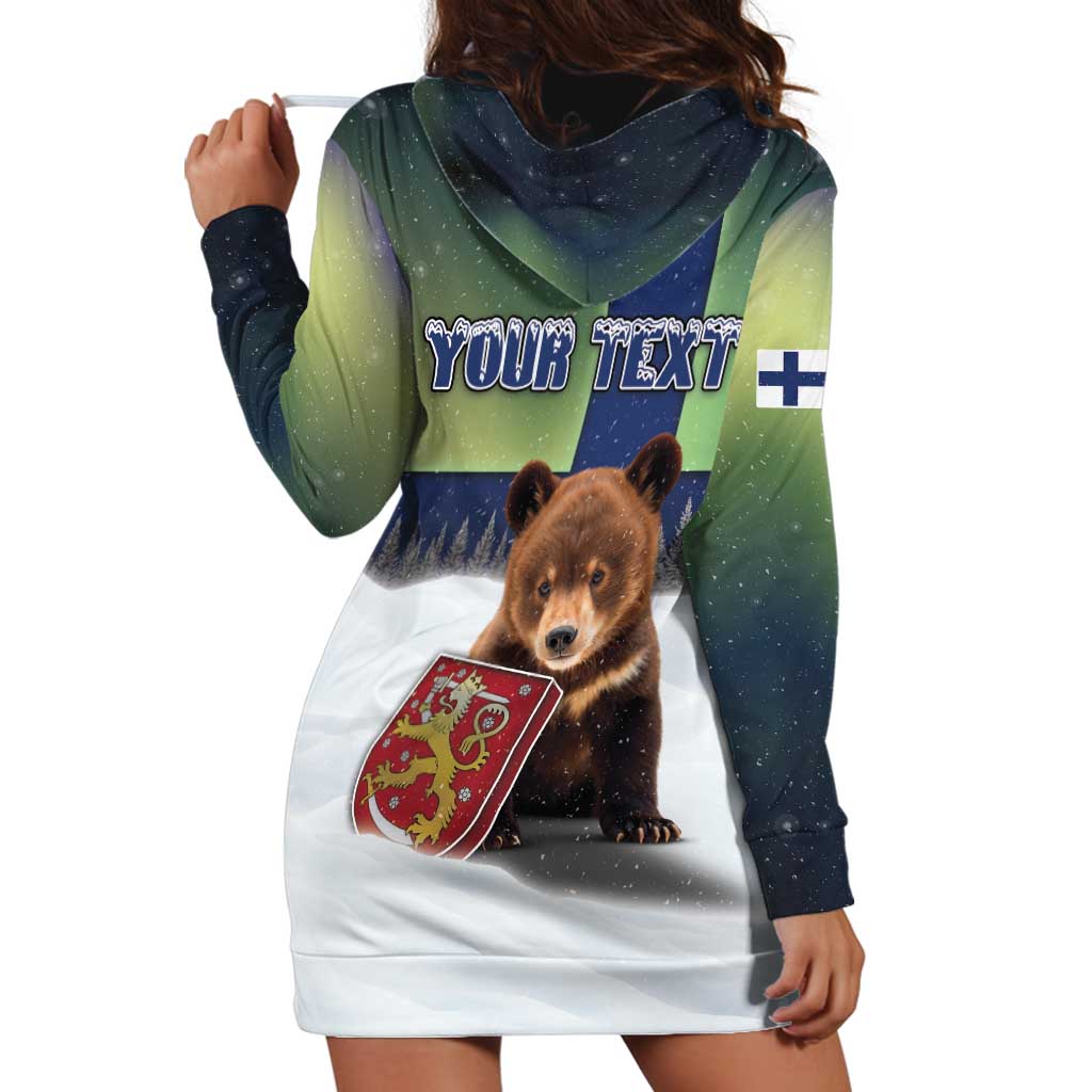 Personalized Finland Hoodie Dress Brown Bear With Symbol Under The Aurora Sky - Wonder Print Shop