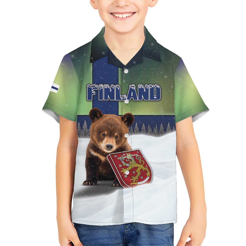 Personalized Finland Kid Hawaiian Shirt Brown Bear With Symbol Under The Aurora Sky - Wonder Print Shop