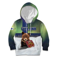 Personalized Finland Kid Hoodie Brown Bear With Symbol Under The Aurora Sky - Wonder Print Shop