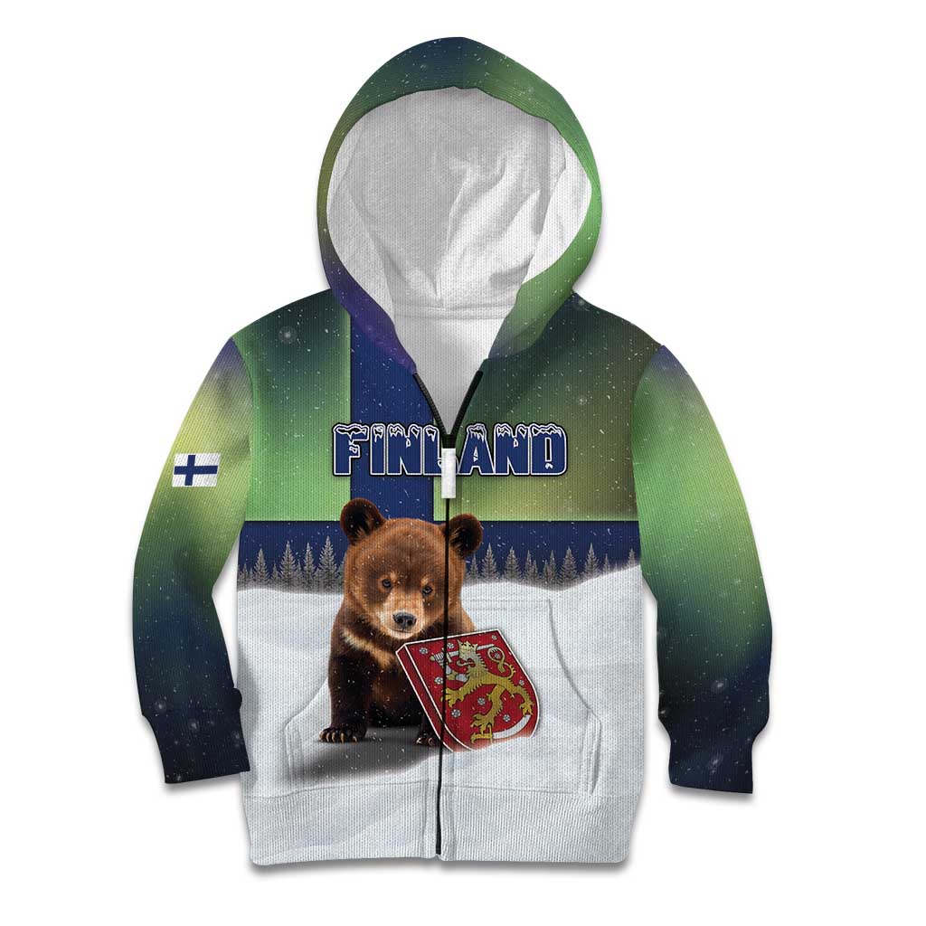 Personalized Finland Kid Hoodie Brown Bear With Symbol Under The Aurora Sky - Wonder Print Shop