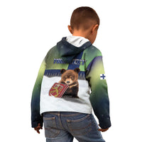 Personalized Finland Kid Hoodie Brown Bear With Symbol Under The Aurora Sky - Wonder Print Shop
