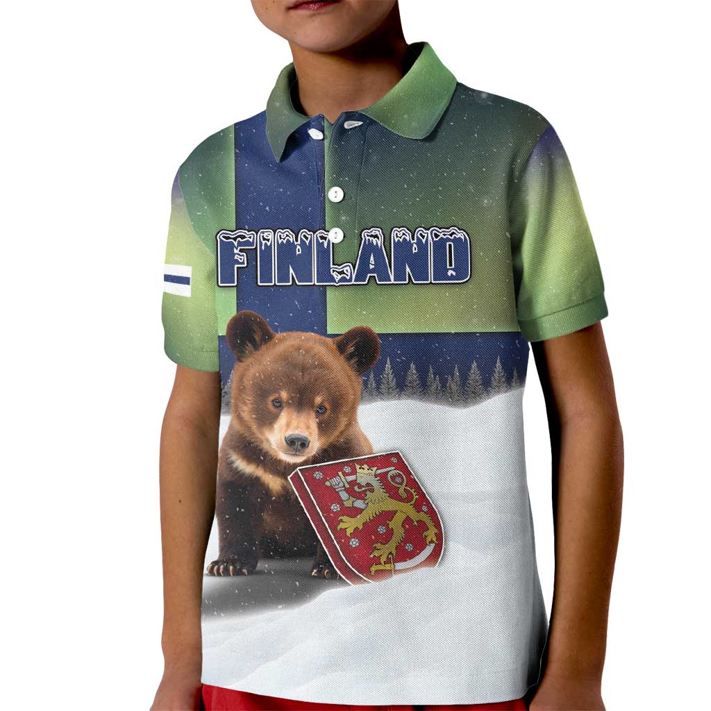 Personalized Finland Kid Polo Shirt Brown Bear With Symbol Under The Aurora Sky - Wonder Print Shop