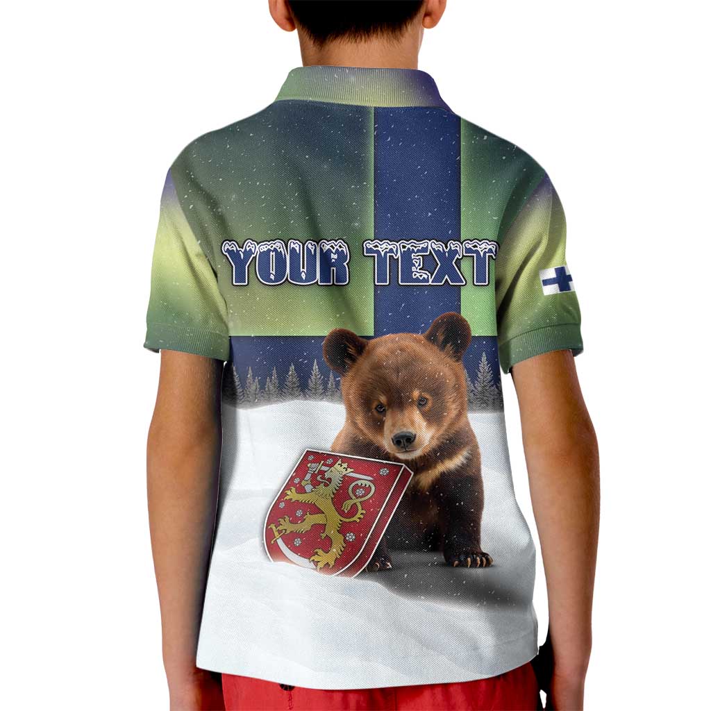 Personalized Finland Kid Polo Shirt Brown Bear With Symbol Under The Aurora Sky - Wonder Print Shop