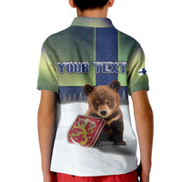 Personalized Finland Kid Polo Shirt Brown Bear With Symbol Under The Aurora Sky - Wonder Print Shop